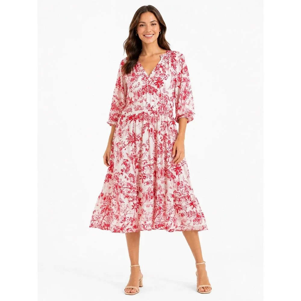 HM LOGG Red White Tropical Toile Tiered Midi Dress V-Neck Drawstring Medium